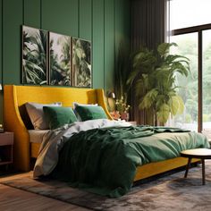 a bedroom with green walls and large windows