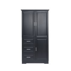 a tall black cabinet with drawers and doors