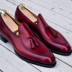 Burgundy Red Tassel Loafer for Men Party Wear Fashion Shoes Red Goodyear Welted Loafers For Formal Occasions, Classic Leather Tassel Loafers For Party, Classic Wingtip Loafers For Party, Red Tassel Loafers With Round Toe For Formal Occasions, Red Tassel Loafers With Leather Sole For Formal Occasions, Elegant Red Tassel Loafers For Business, Formal Red Tassel Loafers With Leather Sole, Formal Red Goodyear Welted Loafers, Luxury Semi-formal Men's Shoes With Red Sole