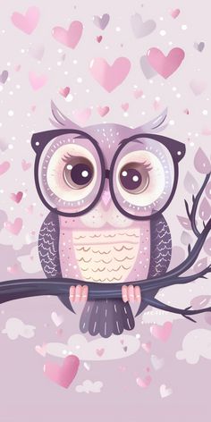 an owl wearing glasses sitting on a branch with hearts in the sky behind it and text that reads, i love you