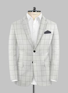 Elevate your formal wardrobe with our captivating Napolean Noemi Windowpane Light Gray Wool Jacket. Crafted from a wool blend, the jacket exudes charm and making it a standout choice, while gray windowpane check pattern adds interest to your formal wardrobe. Perfect for a range of occasions, it guarantees a distinguished and polished appearance, whether it's a wedding or a business event.  Look Includes   Napolean Noemi Windowpane Light Gray Wool Fabric  Two Button Jacket Style  Notch Lapel  Horn Royal Black Buttons  Single Vent  Three Cuff Buttons   Click 'Customize Now' to modify the look if needed.  Lining: Viscose, Dry Clean. Grey Wool Suit, Italian Suit, Business Event, Linen Suits, Tweed Suits, Button Jacket, Wool Suit, Double Breasted Suit, Jacket Buttons