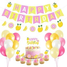 a birthday cake surrounded by cupcakes, balloons and bunting banner on a white background