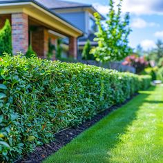 a hedge lined with green bushes in front of a house