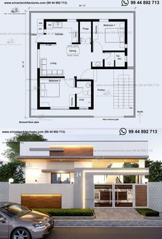 two story house plans with garage and living room in the middle, one bedroom on each floor