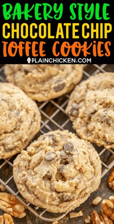 chocolate chip toffe cookies on a cooling rack with pecans and text overlay