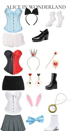 various types of clothes and accessories are arranged in the shape of a collage with text that reads, alice in wonderland