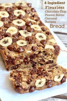 chocolate chip peanut butter oatmeal banana bread is cut in half and stacked on top of each other