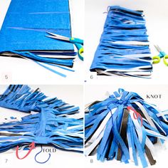 instructions for how to make a tasseled book cover with scissors and strips of blue paper