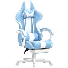 a blue and white office chair with wheels on the bottom, in front of a white background