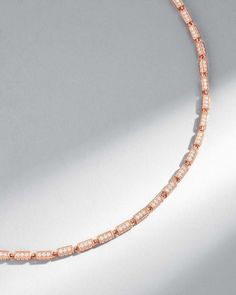 Crafted with 18-karat gold, this block-chain necklace presents a symphony of four-sided links set with pave white diamonds. The medium, block-chains add a contemporary edge to the timeless design making it perfect for casual or evening wear. Details 18k yellow gold, rose gold or white gold 7.62 carats of pave white diamonds on 18" necklace 18" is adjustable at 15 and 16" inches 10.50 carats of pave white diamonds on 24" necklace 24" is adjustable at 22" inches, standard length for men 2.8mm link Luxury Rose Gold Link Necklace, Luxury Link Necklace With Single Cut Diamonds, Rose Gold Necklaces With Rectangular Links, Luxury Necklace With Box Chain And Rectangular Links, Rose Gold Necklace With Rectangular Links Chain, Rose Gold Diamond Necklace With Chain, Luxury Rose Gold Necklace With Rectangular Links, Luxury Rose Gold Diamond Necklace With Baguette Diamonds, Block Chain