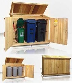 three different types of trash cans in a wooden box