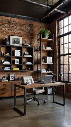 an industrial office with brick walls and open shelvings on either side of the desk