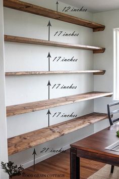 some shelves are labeled with numbers and measurements for each shelf in the dining room or kitchen