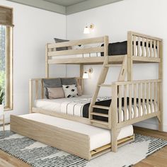 there is a bunk bed with a trundle on the bottom level and a futon underneath