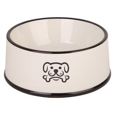 a bowl with a dog's face drawn on the side and black trim around it