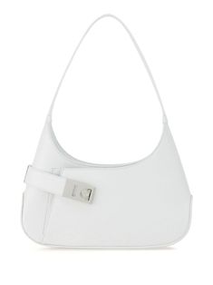 white calf leather palladium-tone hardware Gancini buckle tonal stitching top zip fastening single shoulder strap main compartment internal card slots internal logo stamp front patch pocket leather lining Ferragamo Shoulder Bag, White Textured Leather Business Bag, Business Bags With Silver-tone Hardware In White, White Business Bags With Silver-tone Hardware, White Business Shoulder Bag With Palladium Hardware, White Shoulder Bag With Palladium Hardware For Business, White Shoulder Bag With Silver-tone Hardware For Office, White Calf Leather Shoulder Bag With Soft Leather, White Business Bags With Branded Hardware