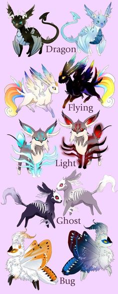 a bunch of different types of animals on a pink background with the words dragon flying light ghost bug