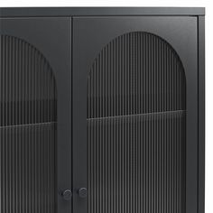 a black cabinet with two doors on the front and one door open to show it's side