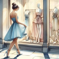 a woman in a blue dress is looking at mannequins