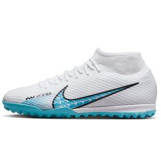 the nike superfly pro fg football cleats are white with blue accents