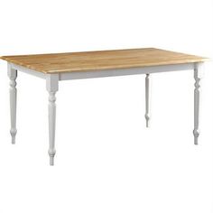 a wooden table with white legs and a wood top