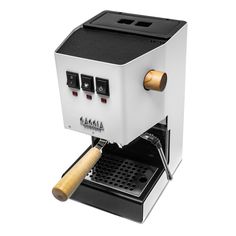 an espresso machine with a wooden handle