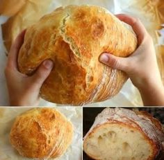 the bread is being sliced and placed on top of each other, with different pictures showing how to bake it