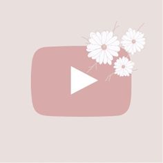 a pink vase with white daisies on it and a play button in the middle