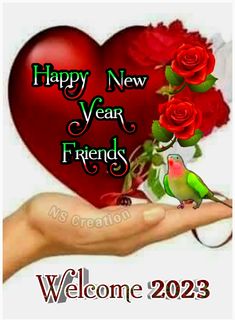 a happy new year greeting card with a hand holding a rose and a bird in front of a heart