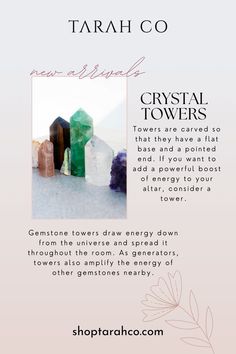 an advertisement for crystal towers in the middle of a white background with pink and green lettering