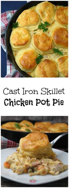 the cast iron skillet chicken pot pie is shown in three different pictures and has been cooked