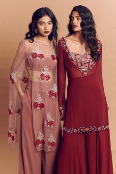 New Trendy Dresses Indian, Maroon Indian Outfit, Crepe Fabric Dress Style, Cape Dress Indian, Indian Traditional Dresses, Maroon Embroidery, Embroidered Cape