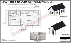 the floor plan for a small cabin with two lofts and an attached kitchen area