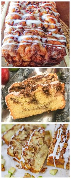 four different types of bread with icing and apples in the background, including cinnamon rolls