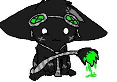 a drawing of a black cat with green eyes and a hat on it's head