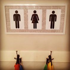 three umbrellas are in front of a bathroom sign with two men and a woman on it