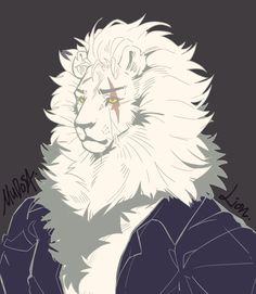 a drawing of a white lion with yellow eyes and an angry look on his face