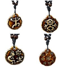 three pendants with different designs on them, one is brown and the other is white