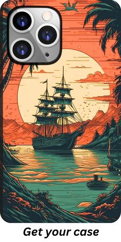 an iphone case with a pirate ship on the water and palm trees in the background