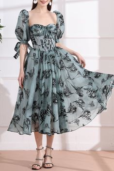 Corset Floral Print Organza Midi Dress with removable puff sleeves Organza Midi Dress, Handmaid's Tale, Organza Fabric, Disney Princesses, Dress Design, Dress Patterns