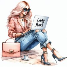 a watercolor painting of a woman sitting on the ground with her laptop and purse