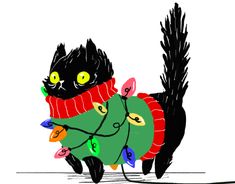 a black cat wearing a christmas sweater with lights on it's chest and tail