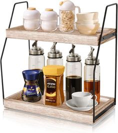 a shelf with coffee and tea on it