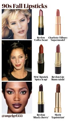 Lipsticks for the fall! Inspired by the 90s Supermodels ⭐️🍂💋📸 (pls credit if reposted)   I tried to provide options for various skintones: 1) fair-light, 2) light-medium, 3) medium-deep. Hopefully everyone has an option! Pls lmk if you guys want more recommendations :)   #90ssupermodel #supermodel #naomicampbell #christyturlington #cooltoned #lipstick#lipsticks #lipsticksforfall #falllipstick #autumncolors #makeupguide #makeuptipsforbeginners #moodboard#moodboardaccount#moodboardaesthetic Karen Mulder 90s, 90s Lipstick, Lover Makeup, 90s Beauty, Lipstick Guide, Makeup 90s, Karen Mulder, Fall Lipstick, Revlon Lipstick