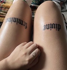 two people with tattoos on their legs sitting next to each other and one has the word punk tattooed on her leg