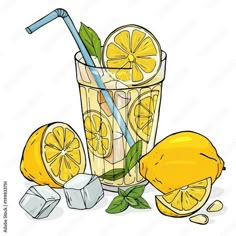 lemonade drink in a glass with ice cubes and mint on the side, hand drawn