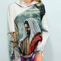 Introducing A One-Of-A-Kind Custom Reworked Tapestry Sweatshirt Featuring A Captivating Design Of Jesus And The Lamb. This Unique "Lost No More" Sweater Is A Beautiful Blend Of Art And Fashion, Perfect For Making A Statement With Your Style. Embrace Individuality And Faith With This Eye-Catching Piece That Is Sure To Turn Heads. Add A Touch Of Spirituality To Your Wardrobe With This Stunning Sweatshirt That Is As Meaningful As It Is Stylish. Don't Miss Out On This Must-Have Piece That Combines Comfort And Creativity In A Truly Special Way! Check Out My Other Listings, Bundle For A Discount :-) Tapestry Sweatshirt, Jesus And The Lamb, Reworked Hoodie, Reworked Sweatshirts, Reworked Clothes, Upcycling Clothes, Fashion Patchwork, Art And Fashion, The Lamb