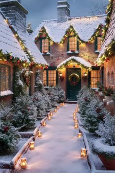 lighted candles are lined up in front of a house on a snowy day with christmas lights