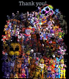 a large group of cartoon characters with the words thank you