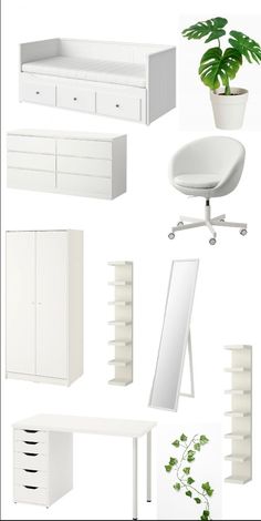 the white furniture is arranged neatly and ready to be used in an office or bedroom